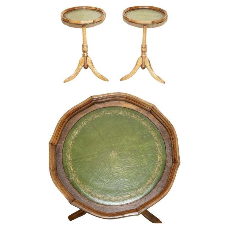 Pair Of Bevan Funnell England Green Leather Vintage Tripod Lamp Side End Tables