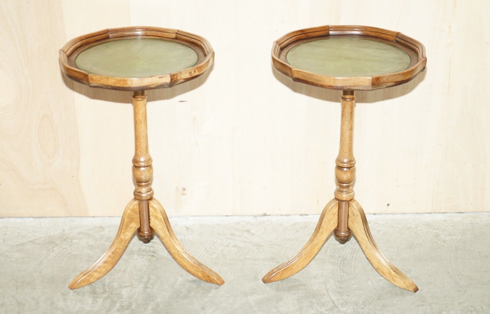 Pair Of Bevan Funnell England Green Leather Vintage Tripod Lamp Side End Tables photo furniture