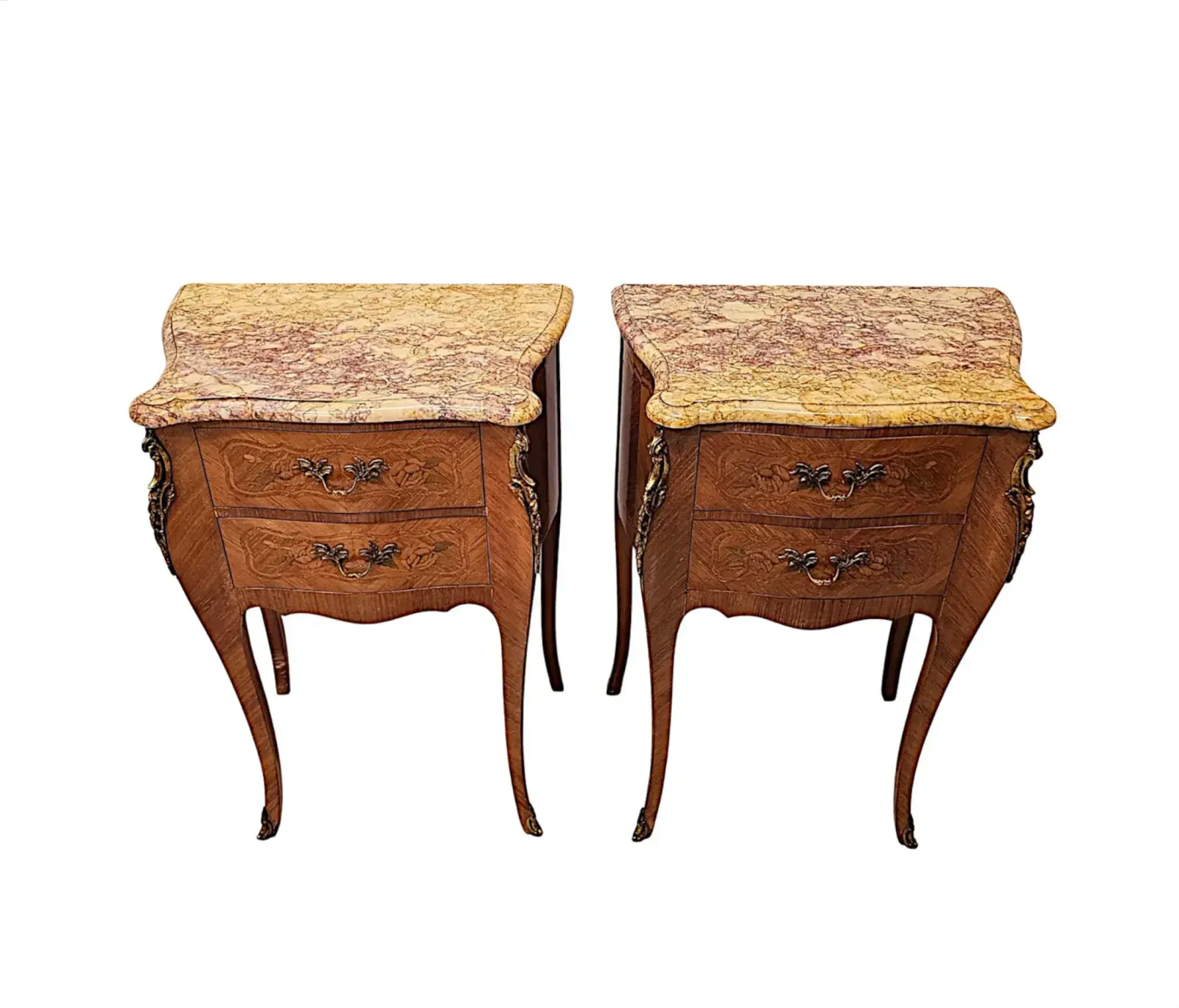 A Fabulous Pair Of 20th Century Marquetry Inlaid Marble Top Bedside Chests photo for sale