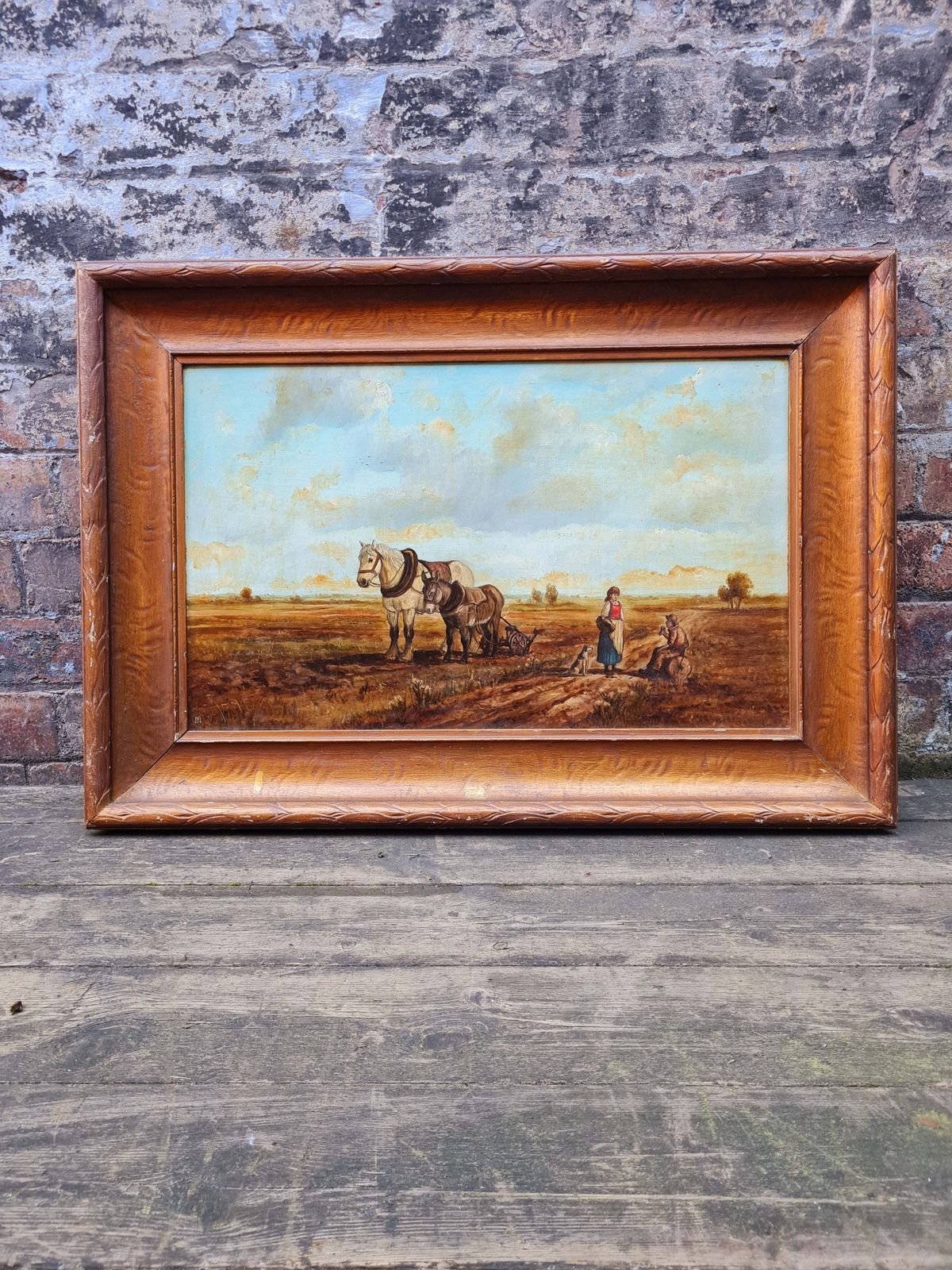 Vintage Oil On Board   Farm Life/Horses   Framed  Signed