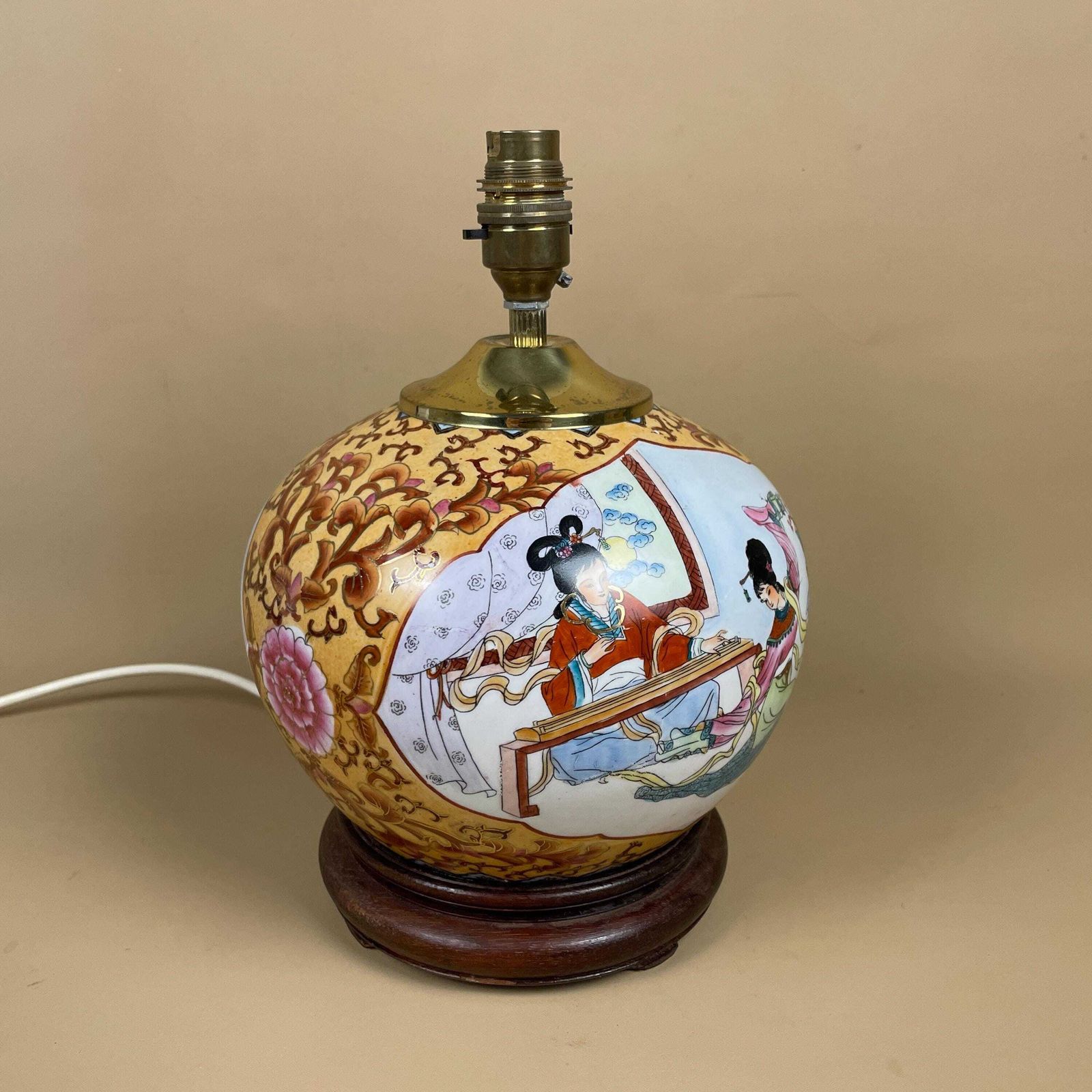 Vintage Ceramic Patterned Oriental Lamp Bedside Table Light Vase Pottery Round Antique Pattern Hand Painted Gold Brass Wooden Wood Japanese