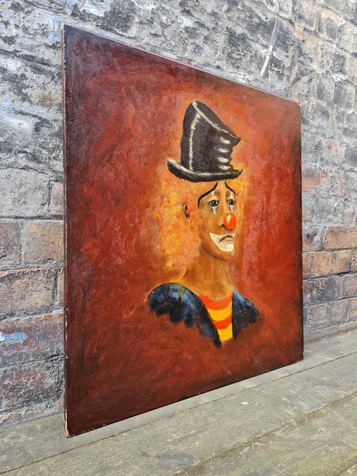 Vintage Clown Portrait   Oil On Wood photo furniture