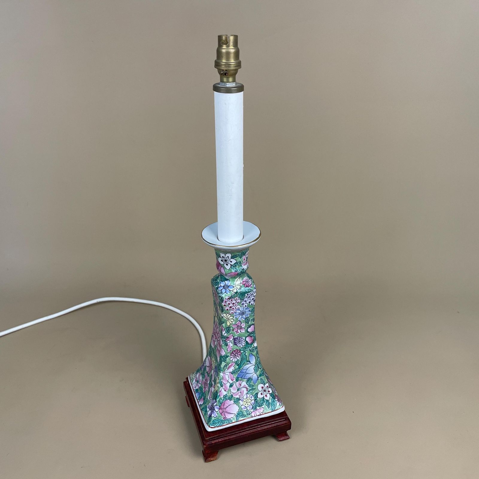 Vintage Ceramic Floral Patterned Lamp Bedside Table Light Square Vase Pottery Antique Pattern Hand Painted Gold Candle Wooden Wood Oriental photo for sale