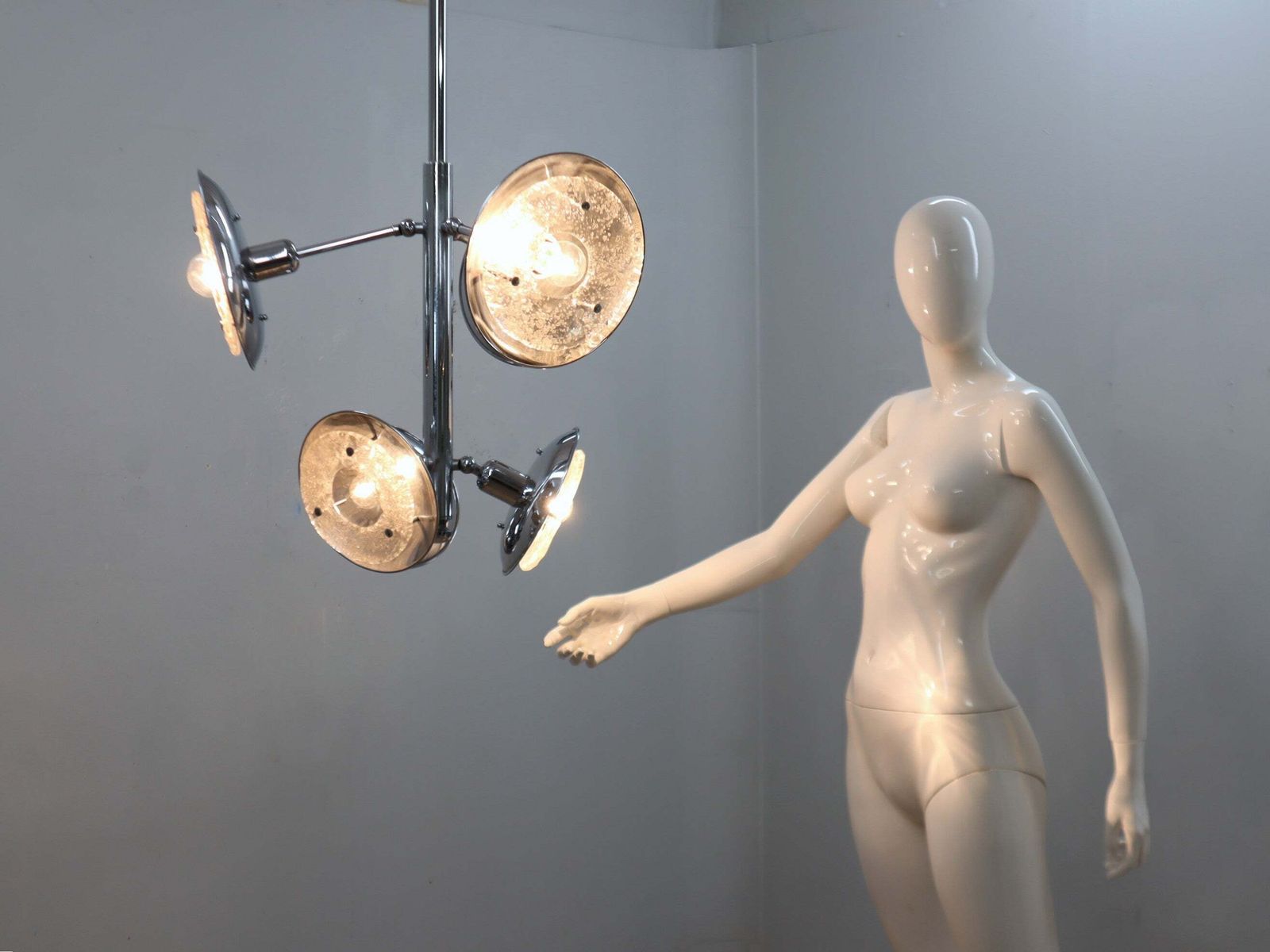 Esperia Chandelier 1970s, Chrome And Murano Glass, 6 Arms Adjustable photo for sale