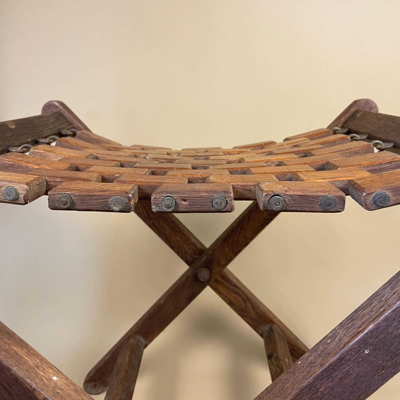 Vintage Fold Down Stool Seat Wood & Metal Portable Event Seat Brown Retro Camping Festival Garden Farmhouse Cottage photo vinterior