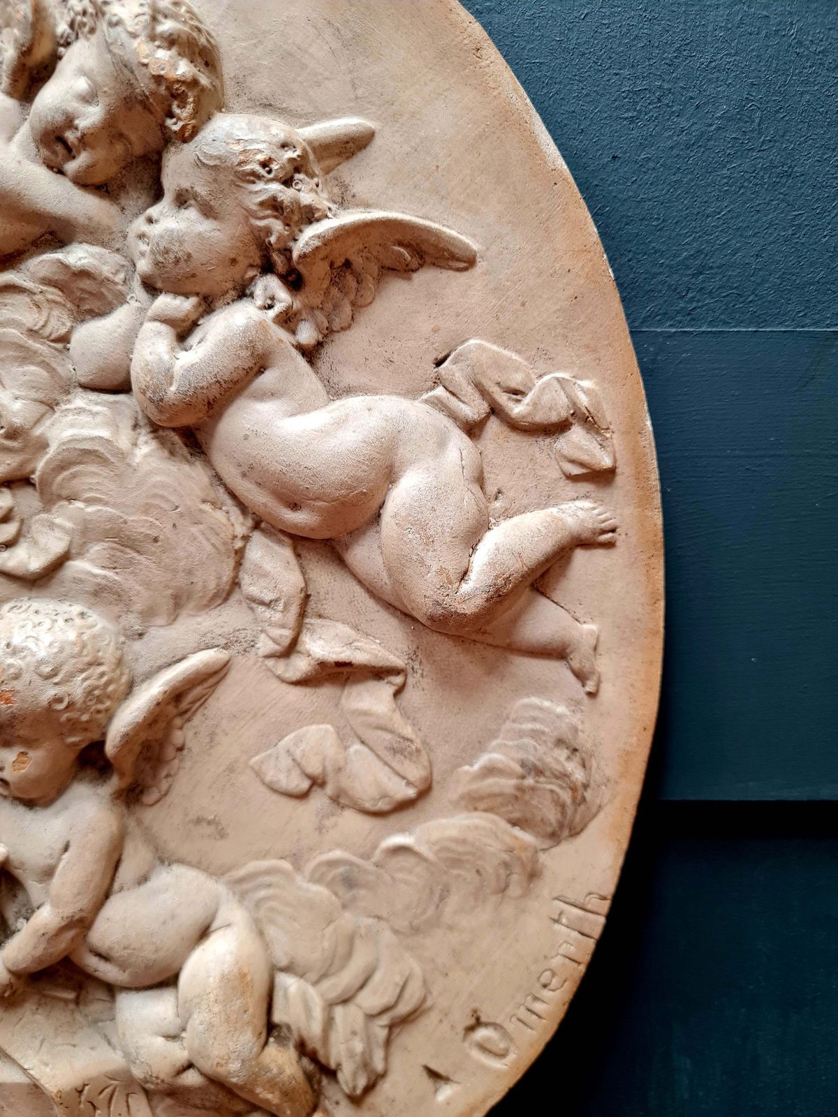 Antique Early 20th Century French Studio Art Ceramic Wall Plaque   Cherubs   Putti. Signed And Dated 1903 photo vinterior