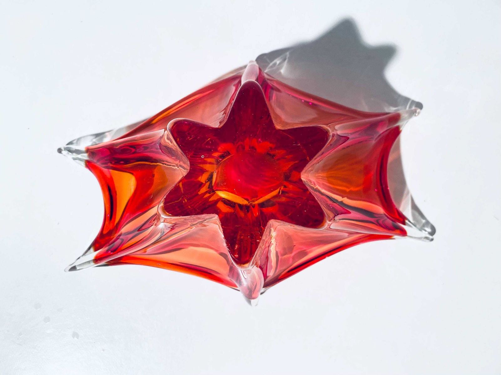 photo for sale Vintage Fratelli Toso Murano 1960s Red Orange Sommerso Glass Fruit Bowl