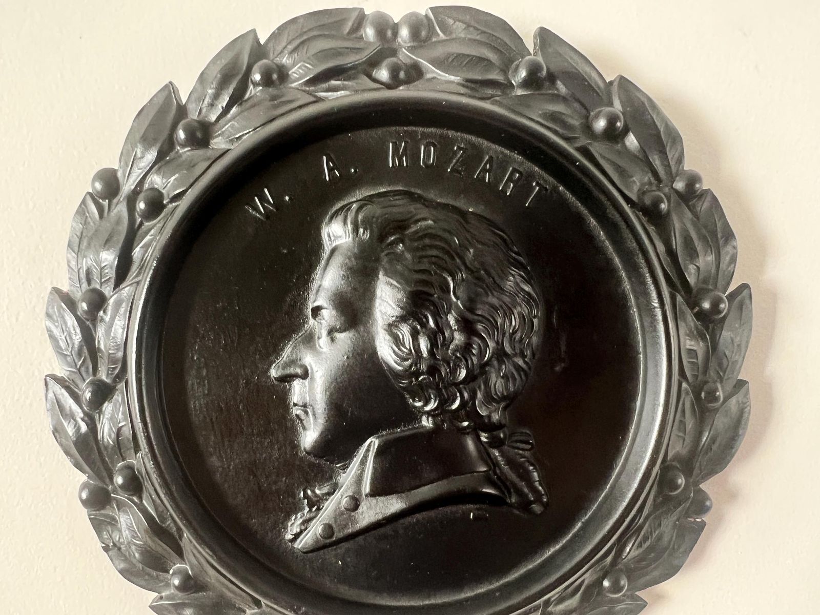 Antique W.A. Mozart Bois Durci Wall Plaque   19th Century Composer Relief   Grand Tour Souvenir   Dark Academia Library   Music Room Art photo vintage