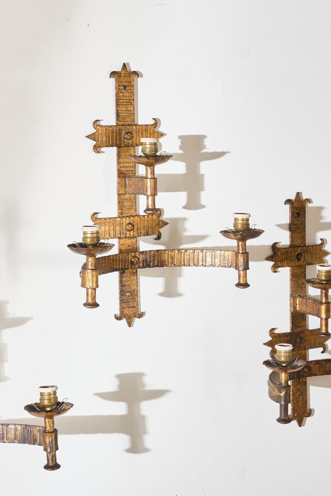 Trio Of Mid Century Spanish Gilt Metal Wall Lights photo vinterior