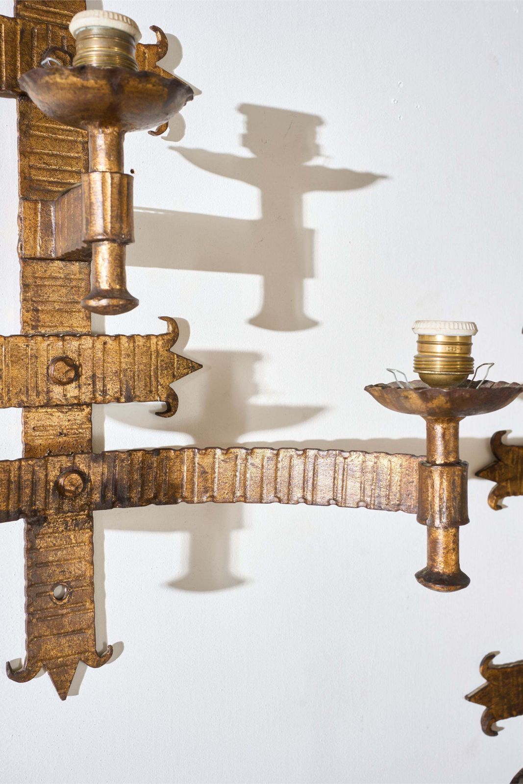 photo for sale Trio Of Mid Century Spanish Gilt Metal Wall Lights