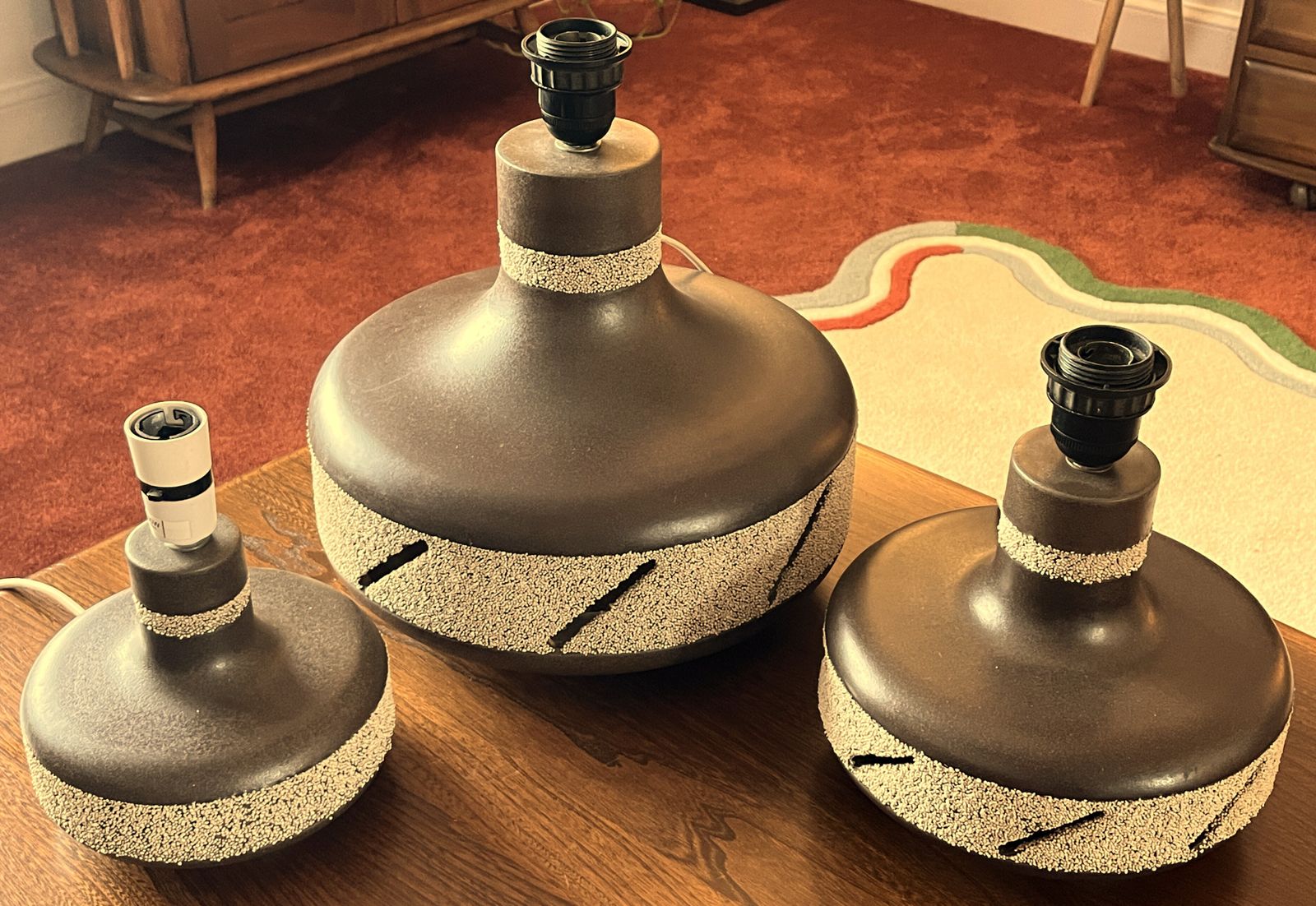 Set Of 3 Graduated Midcentury Modern West German Pottery Fat Lava Twin Bulb Table Lamp Bases. photo Lighting
