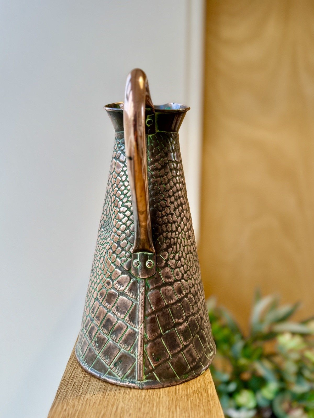 99.0 Antique Joseph Sankey & Sons Alligator/Lizard Textured Copper Jug Or Vase photo