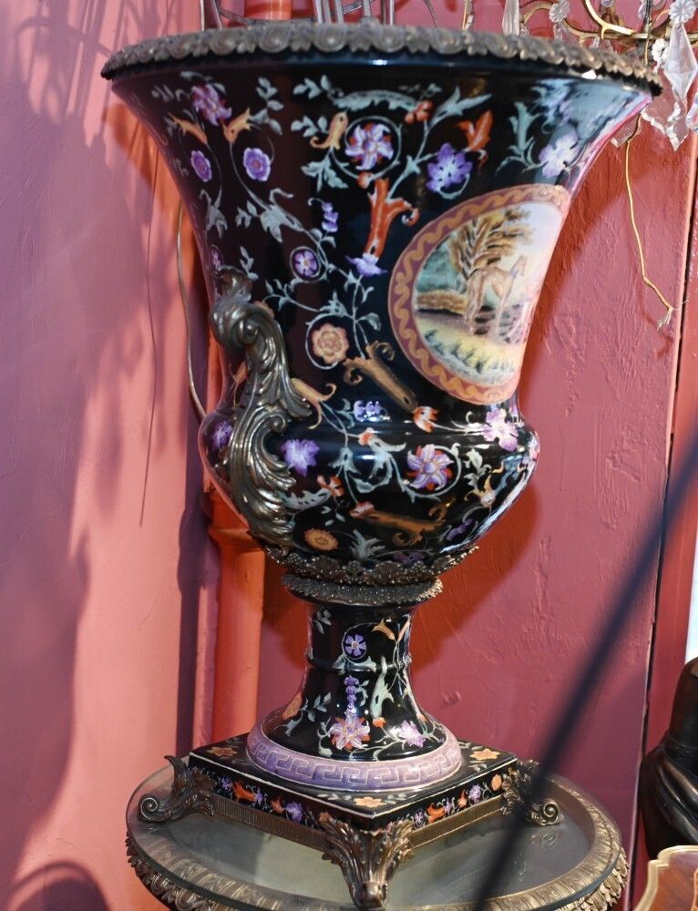 Pair French Porcelain Campana Urns Painted Art Nouveau photo vintage