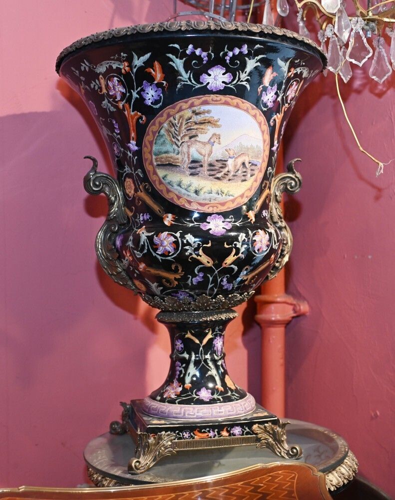 Home Decor Pair French Porcelain Campana Urns Painted Art Nouveau photo