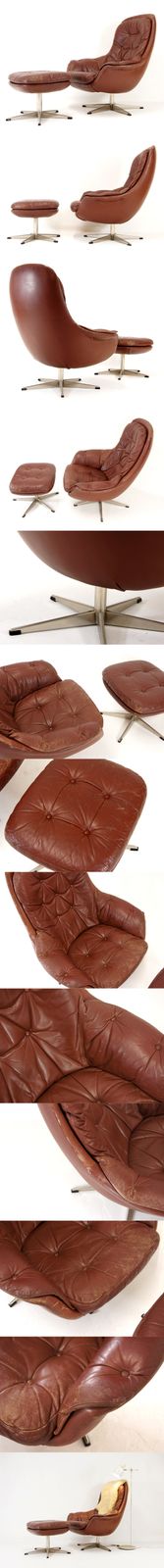 Retro Vintage Danish Leather Swivel Lounge Easy Chair Armchair + Stool 60s 70s photo furniture