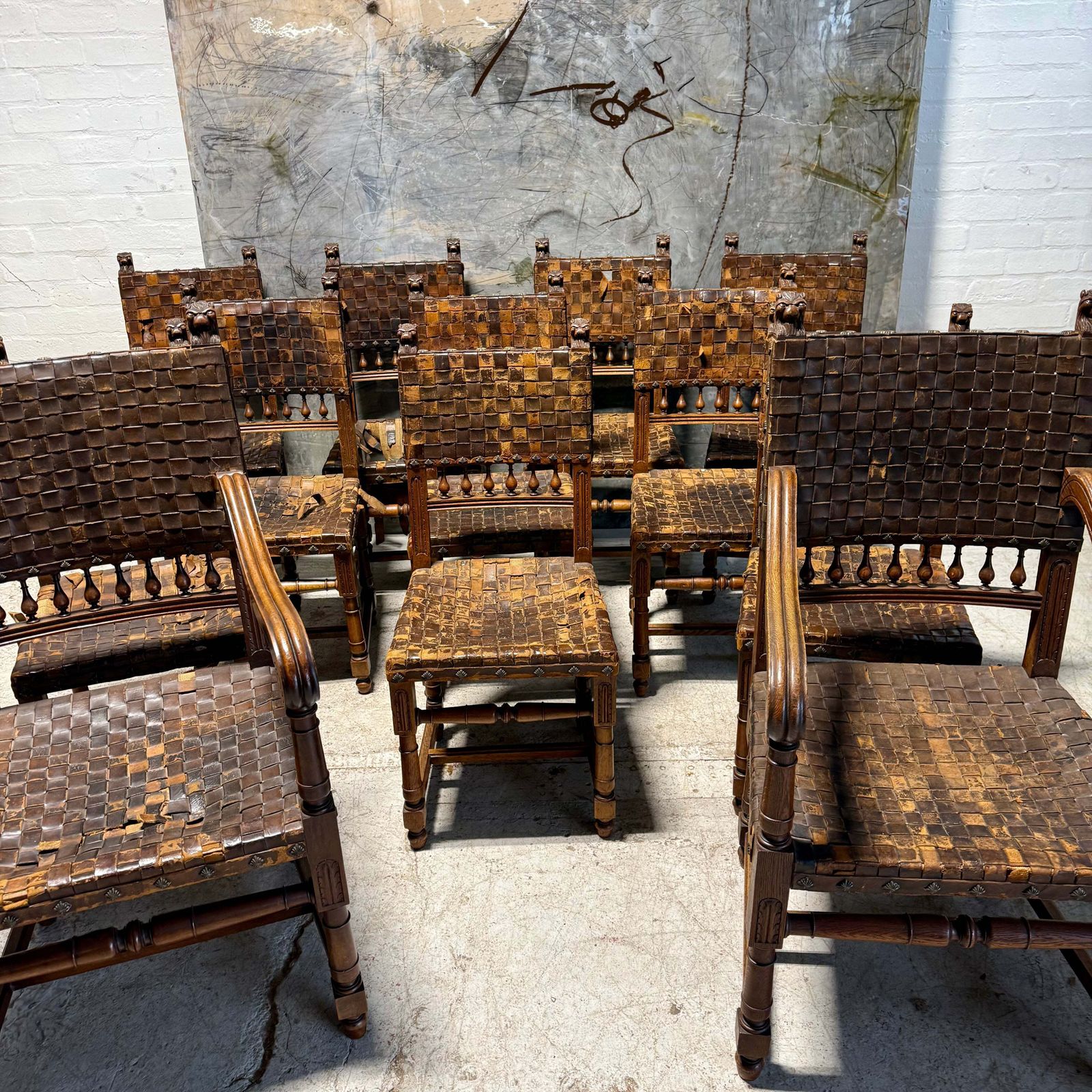 Set Of 12 Antique 19thc Gothic Revival Leather Dining Chairs photo for sale
