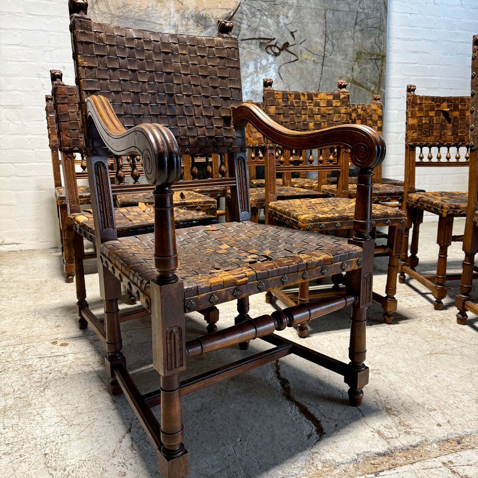 Set Of 12 Antique 19thc Gothic Revival Leather Dining Chairs photo Furniture