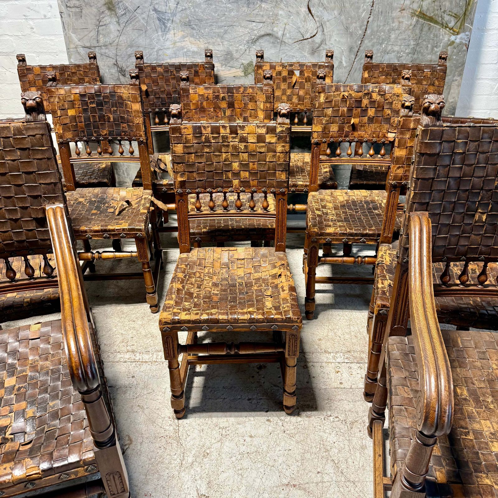 Set Of 12 Antique 19thc Gothic Revival Leather Dining Chairs photo buy
