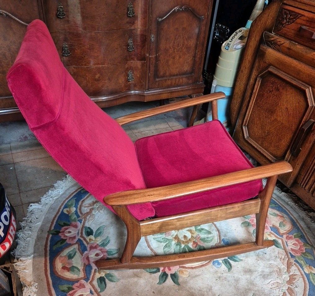 Vintage Retro Mid Century Teak & Red Velour  Rocking / Armchair By Furpro photo 275.0