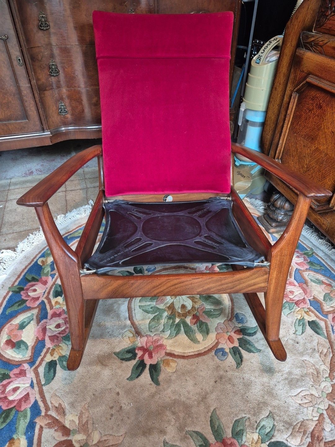 photo vinterior Vintage Retro Mid Century Teak & Red Velour  Rocking / Armchair By Furpro