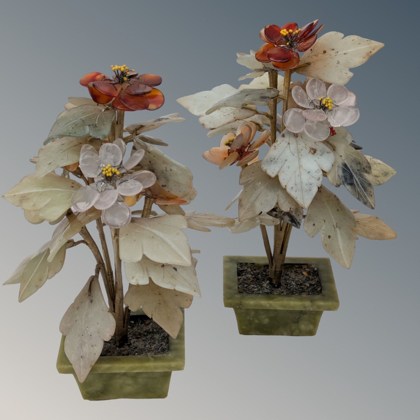 Pair Chinese Hardstone Jade Flower Jardiniere Bonsai photo for sale