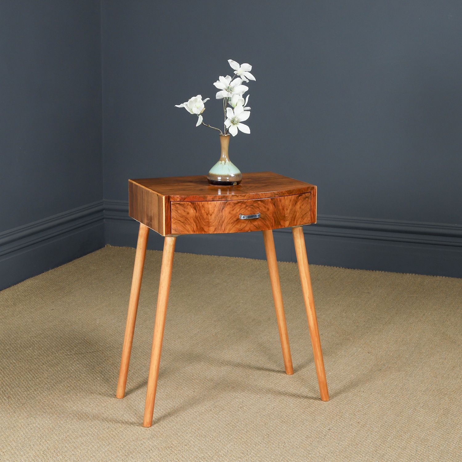 English Art Deco Walnut Side / Occasional / Bedside Table With Drawer (Circa 1930)