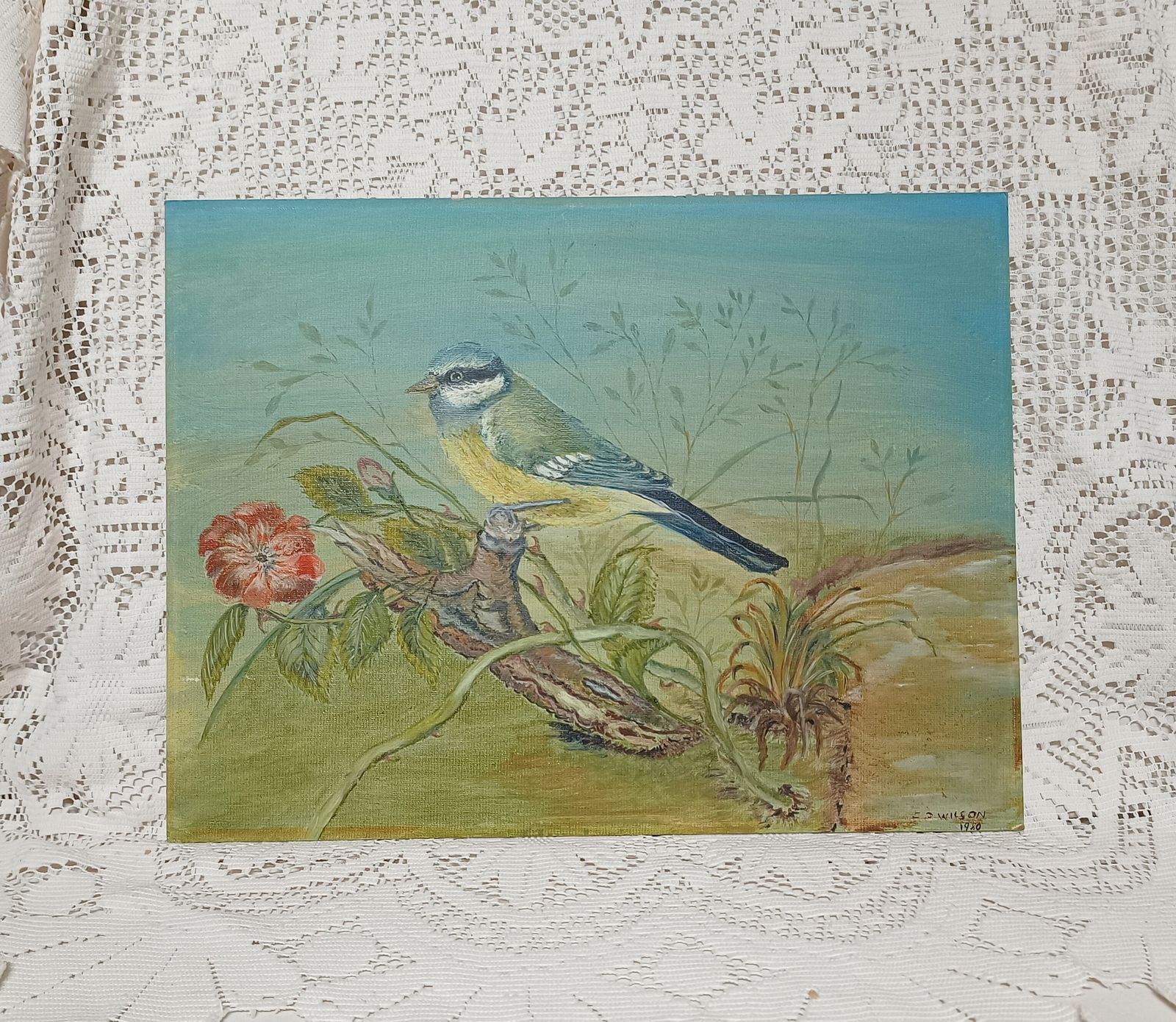 Unframed Oil Painting Blue Tit Bird Amongst Brambles And Red Flower Signed E.R.Wilson.