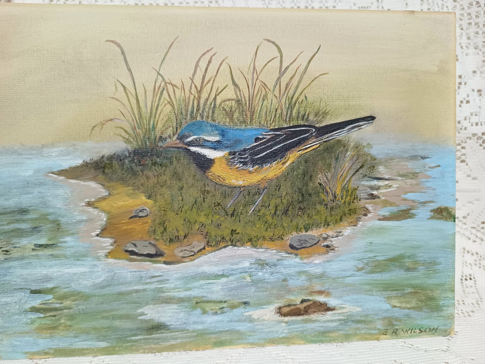 Unframed Oil Painting The Nut Hatch Bird On The Marsh Signed E R Wilson. photo for sale