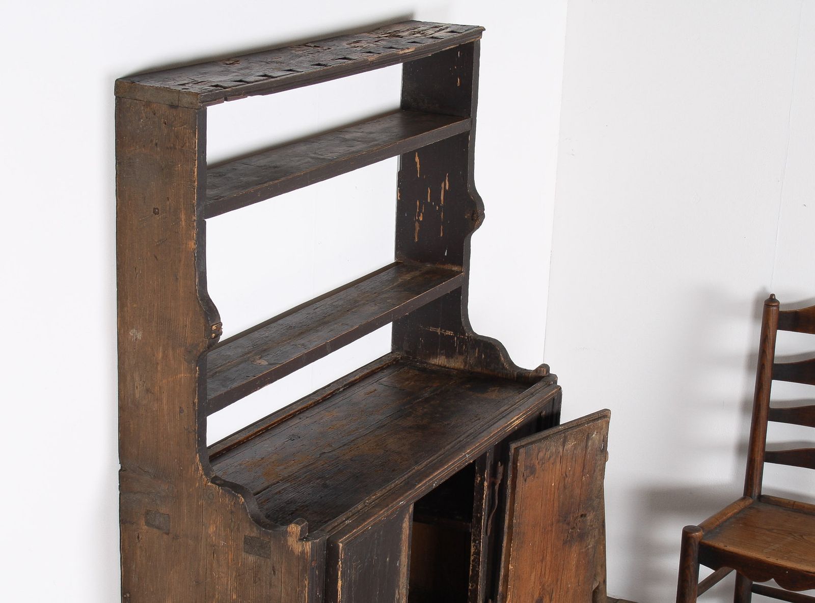 Primitive Rustic European Farmhouse Kitchen Dresser Unit With Storage Shelves photo vintage