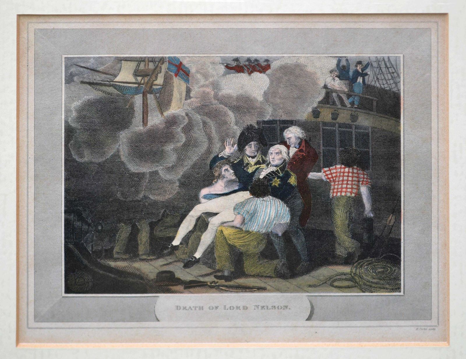 Rare Antique Hand Coloured Engraving – The Death Of Nelson, Trafalgar 1805 | H. Cooke C.1813 In Gilt Glass Frame photo for sale