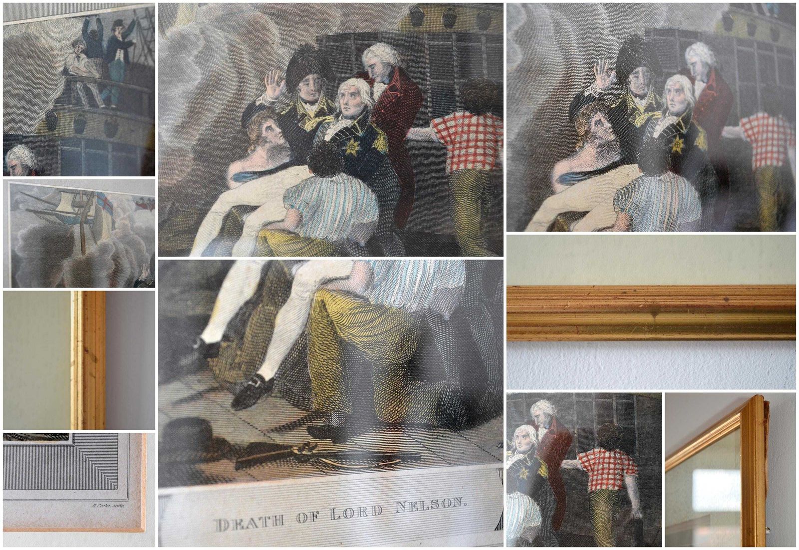 photo furniture Rare Antique Hand Coloured Engraving – The Death Of Nelson, Trafalgar 1805 | H. Cooke C.1813 In Gilt Glass Frame