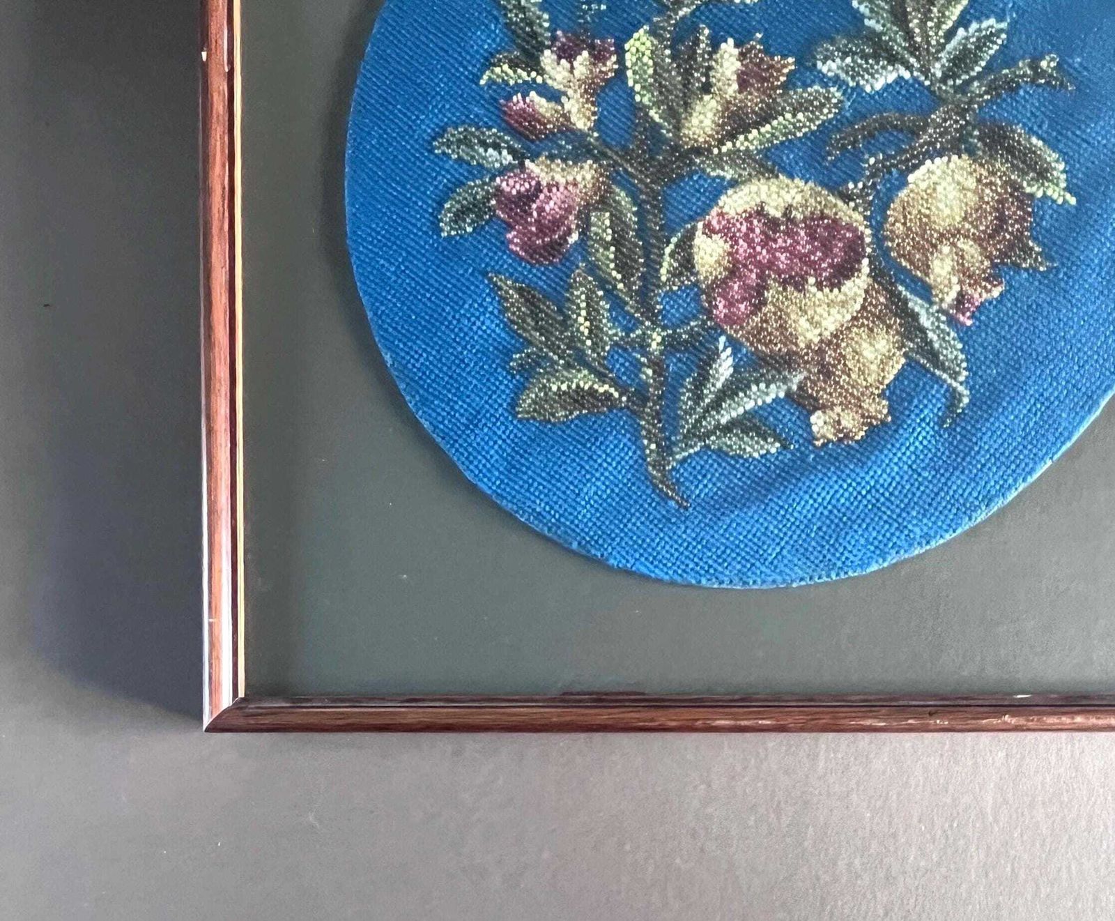 Vintage Framed Needlepoint Of Pomegranates | Folk Art Tapestry Wall Decor | Embroidered Fruit Botanical Textile Art.Textile Art.Midcentury photo furniture