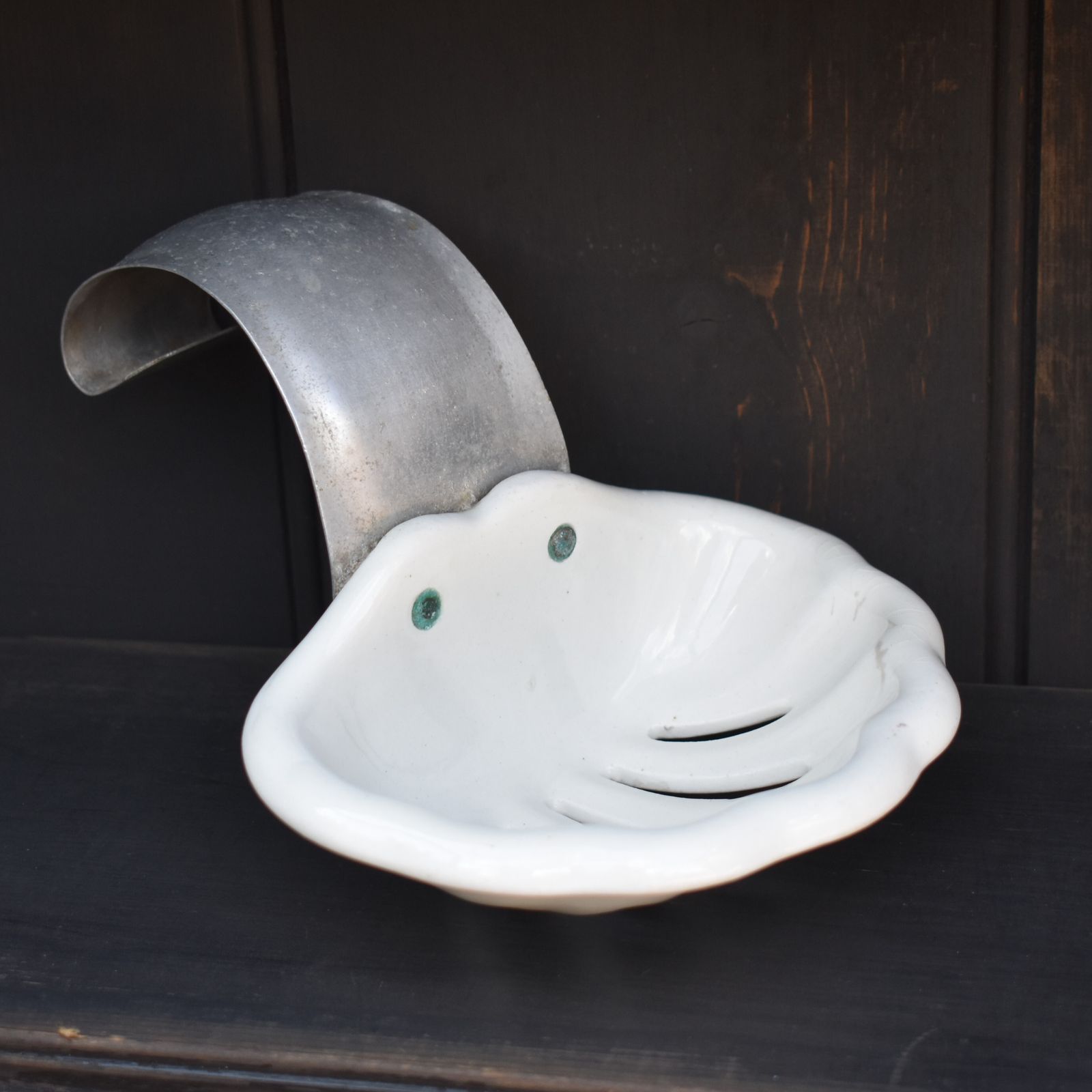 Antique Vintage French Ceramic Roll Top Bath Butterfly Wing Soap Dish photo vinterior