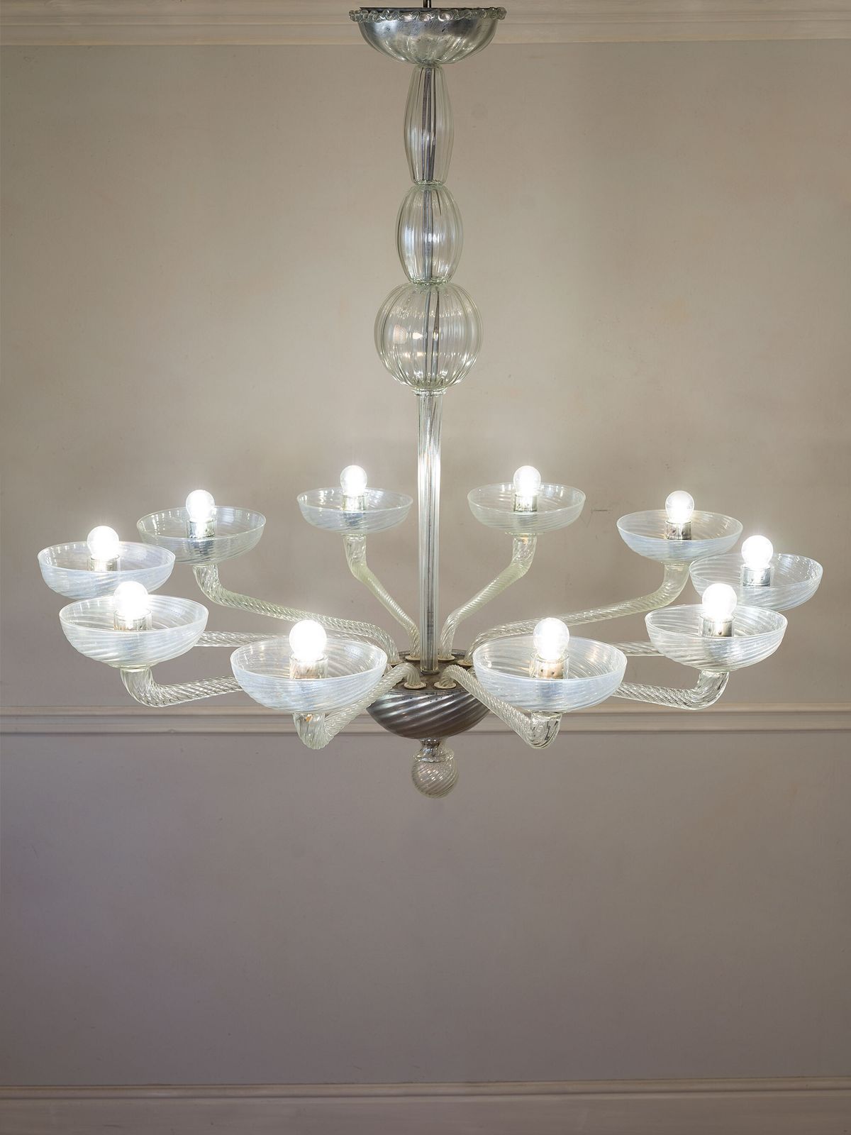 Large Murano Glass Chandelier, Hand Blown With Acid Etched Finish