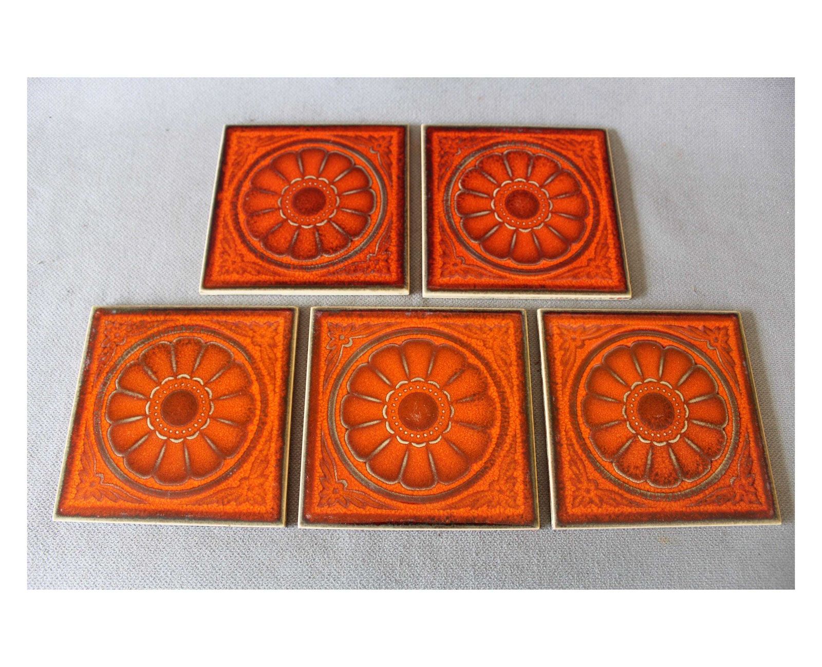 Set Of 5 Small Vintage Villeroy And Boch Mid Century Retro Ceramic Art, Tile Art, Coaster, Trivet, 1960s 70s, Orange Flower, Made In Germany