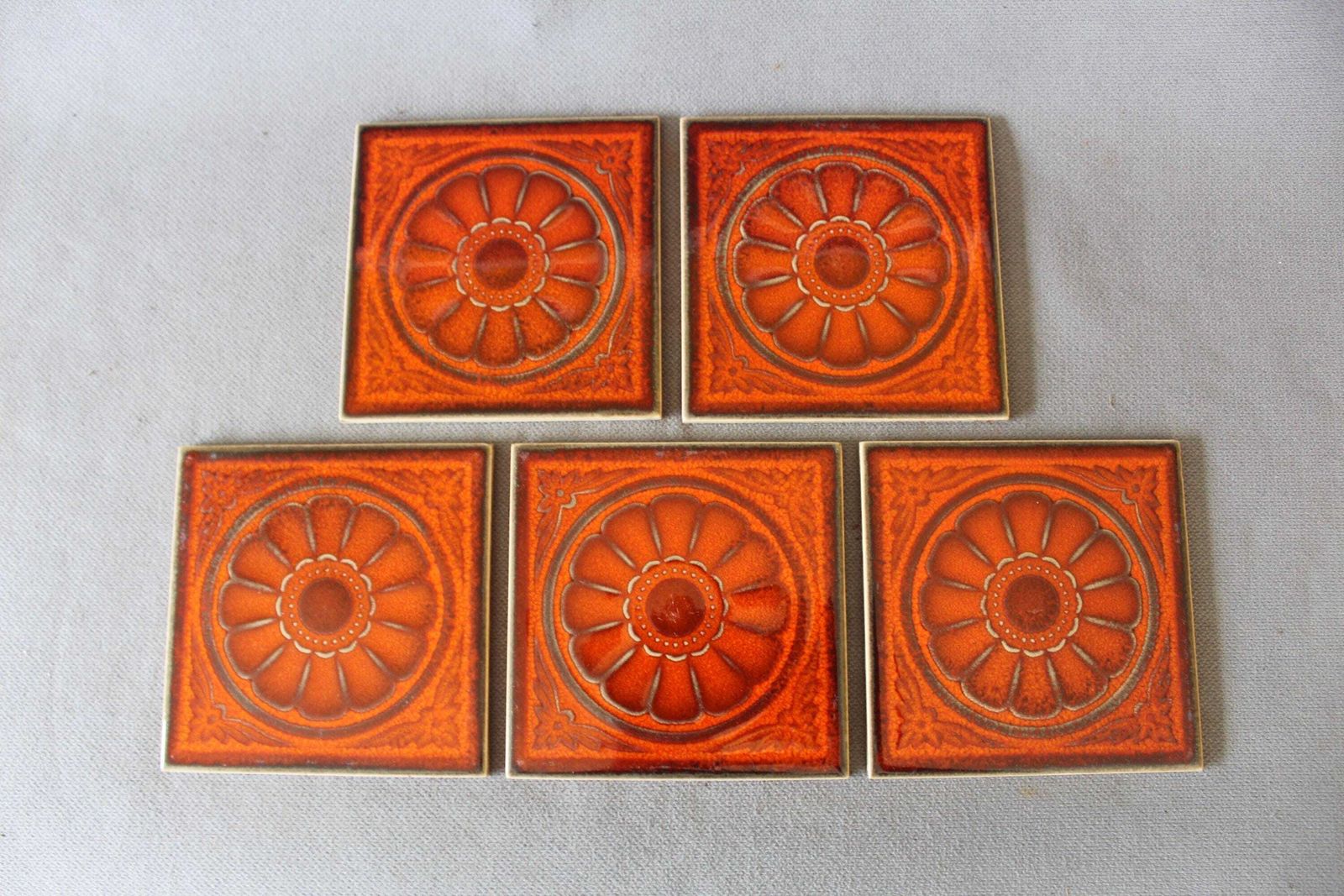 Set Of 5 Small Vintage Villeroy And Boch Mid Century Retro Ceramic Art, Tile Art, Coaster, Trivet, 1960s 70s, Orange Flower, Made In Germany photo 68.0