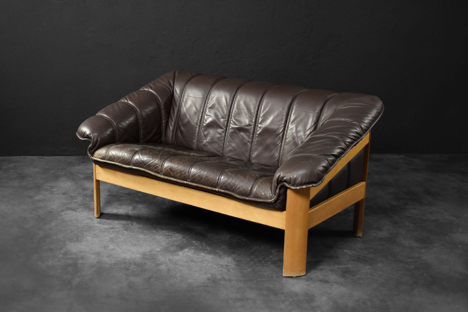 Vintage Danish Modern Brown Leather Two Seater Sofa, 1970s photo buy