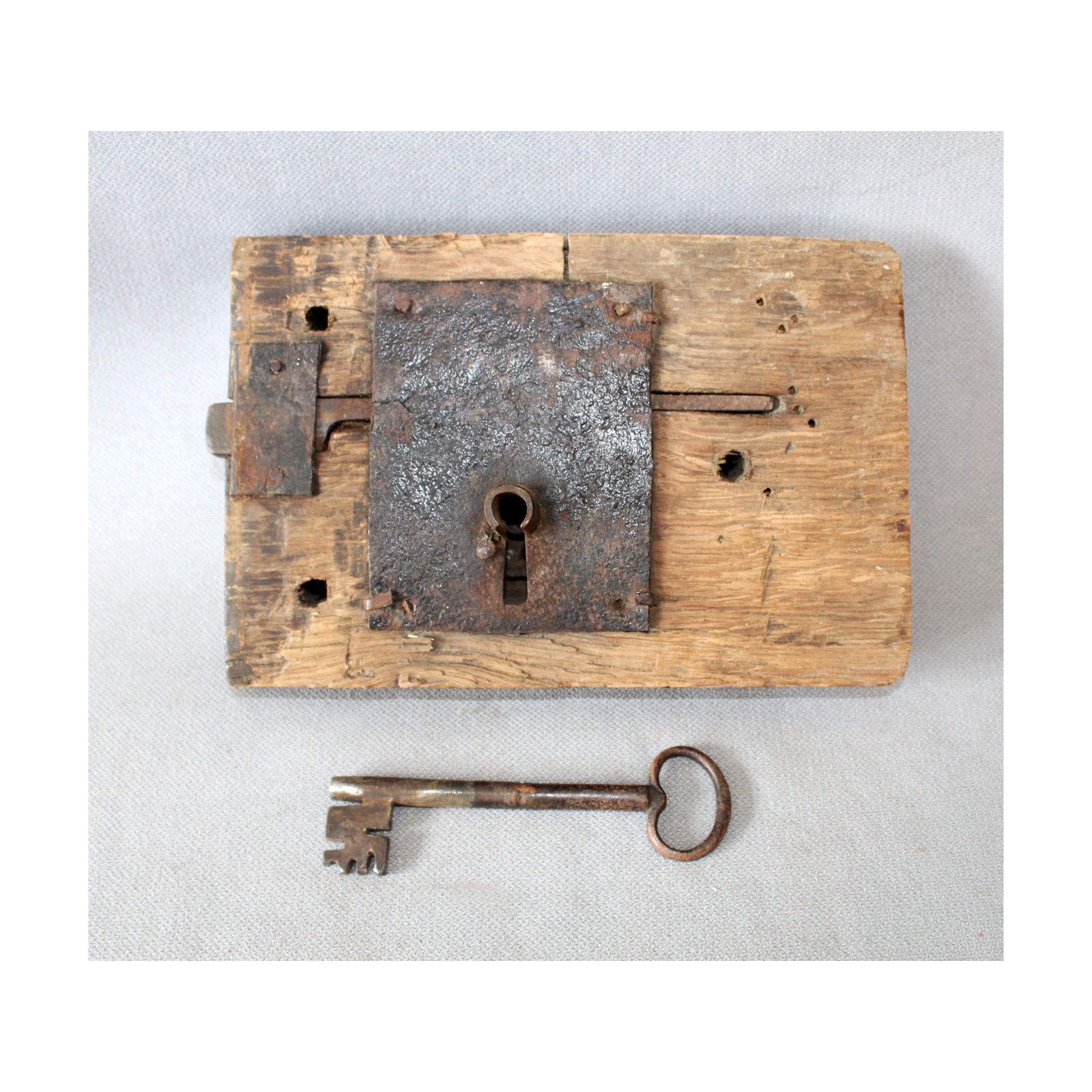 Large Antique French Farmhouse Barn Wood And Iron Door Lock With Key, Forged Iron, Hand Made, Restoration External Entrance, Country Rustic