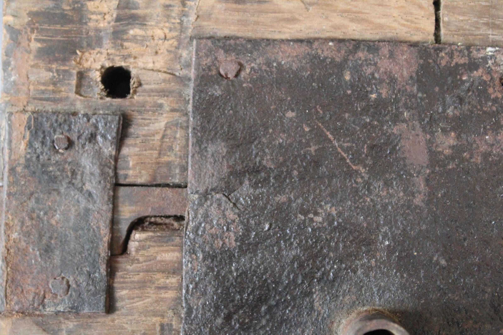 Large Antique French Farmhouse Barn Wood And Iron Door Lock With Key, Forged Iron, Hand Made, Restoration External Entrance, Country Rustic photo for sale
