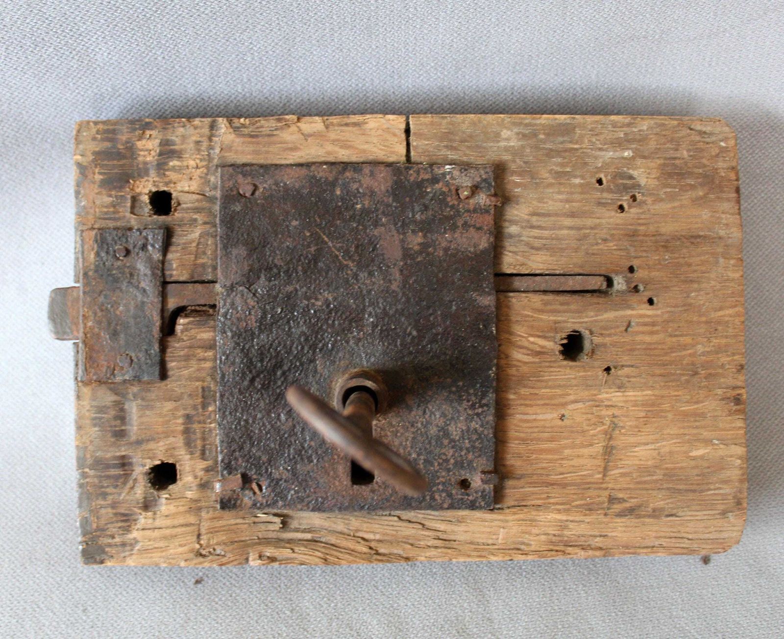 Large Antique French Farmhouse Barn Wood And Iron Door Lock With Key, Forged Iron, Hand Made, Restoration External Entrance, Country Rustic photo 55.0