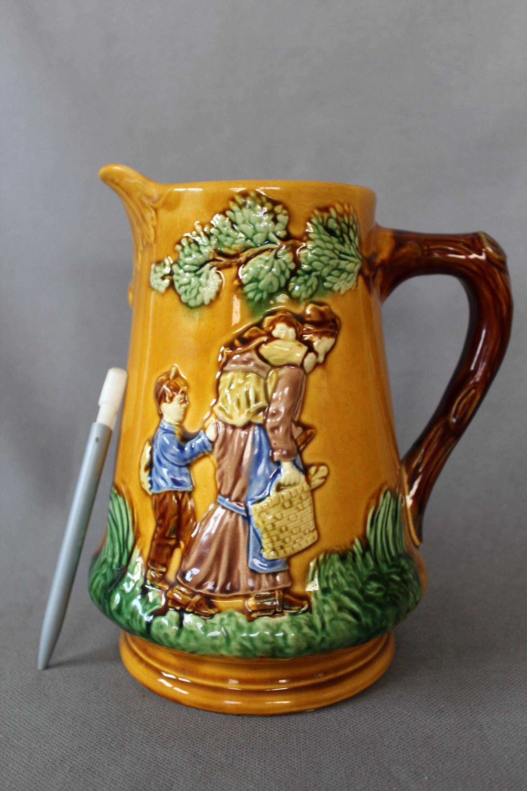 Large And Tall Antique French, Mid To Late 19th Century, Majolica Ceramic Jug, Water Pitcher, Collectible, Victorian, Family In Woods photo furniture