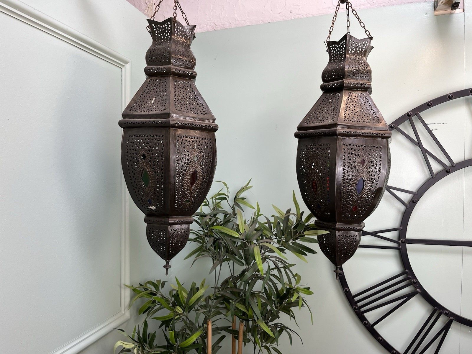 Stunning Pair Of Moroccan Moorish Arabic Metal Glass Ceiling Pendant Light Shade