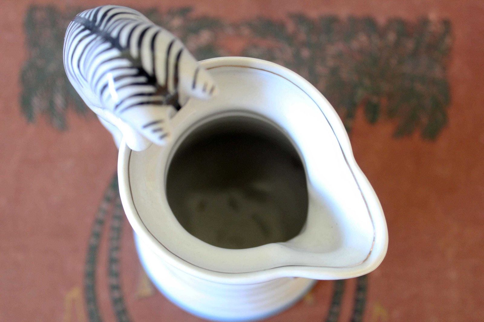 photo for sale Antique 19th Century Porcelain Pitcher With Climbing Cat Handle, White With Blue Rim, Cat Is Grey Withblack Stripe, Porcelain Jug, Milk Jug