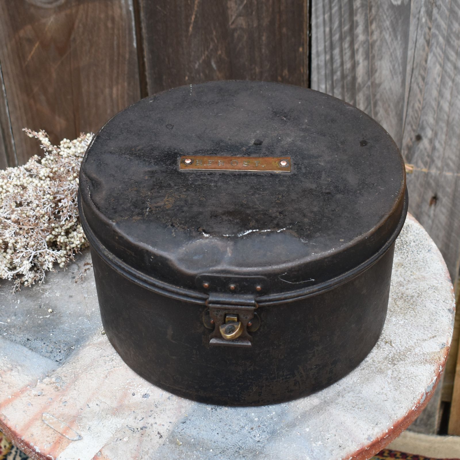 Antique Original R Frost Military Army Japanned Metal Travel Hat Tin Box Case photo vintage