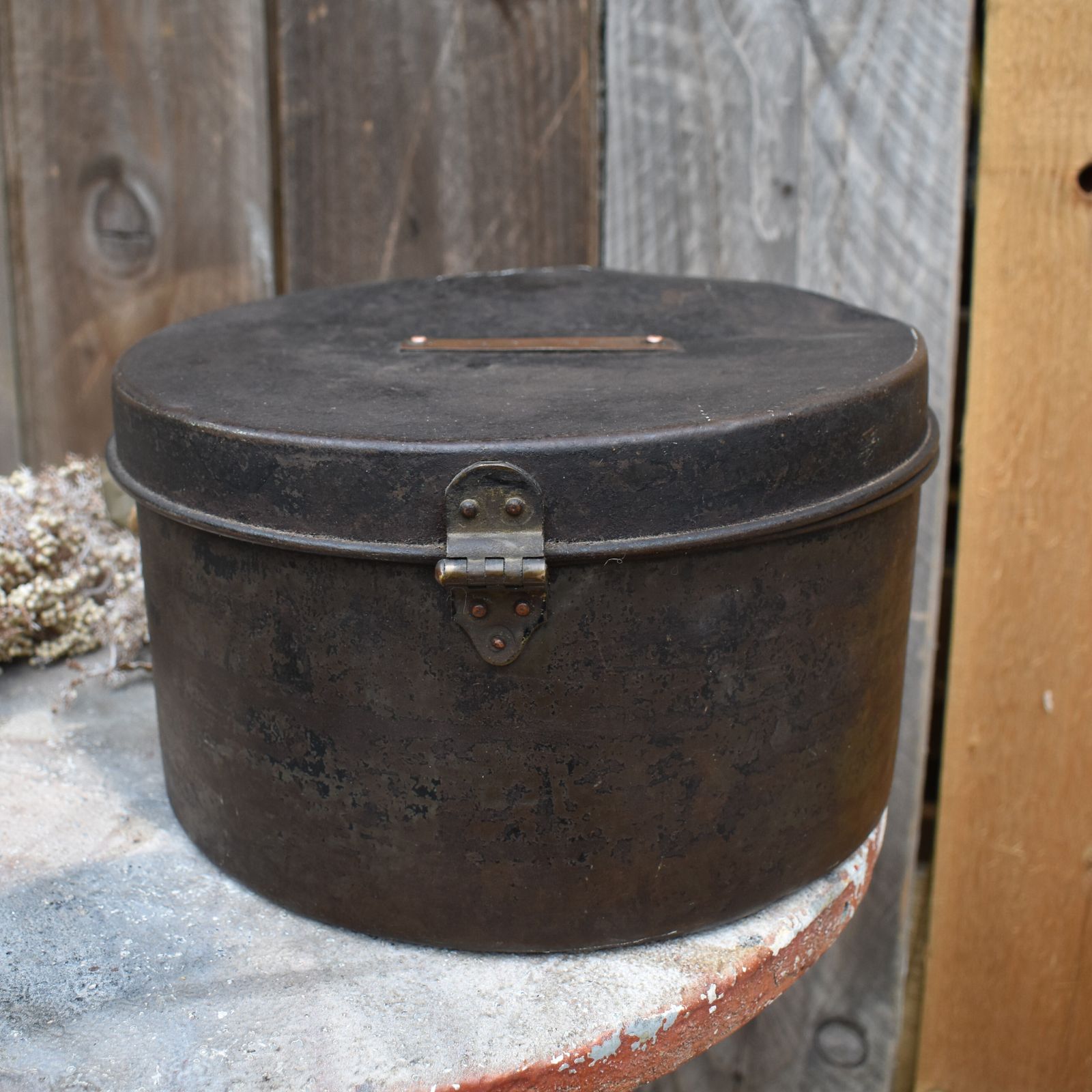 photo for sale Antique Original R Frost Military Army Japanned Metal Travel Hat Tin Box Case
