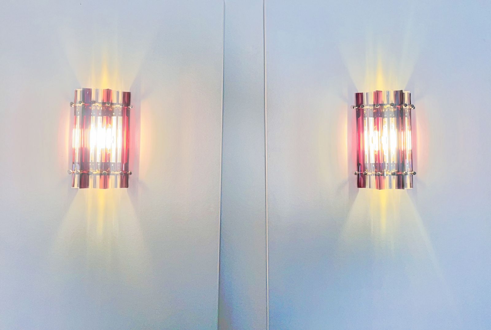 Pair Of Vintage Murano Wall Sconce – Clear  And Amethyst Triedri   Column Model photo 575.0