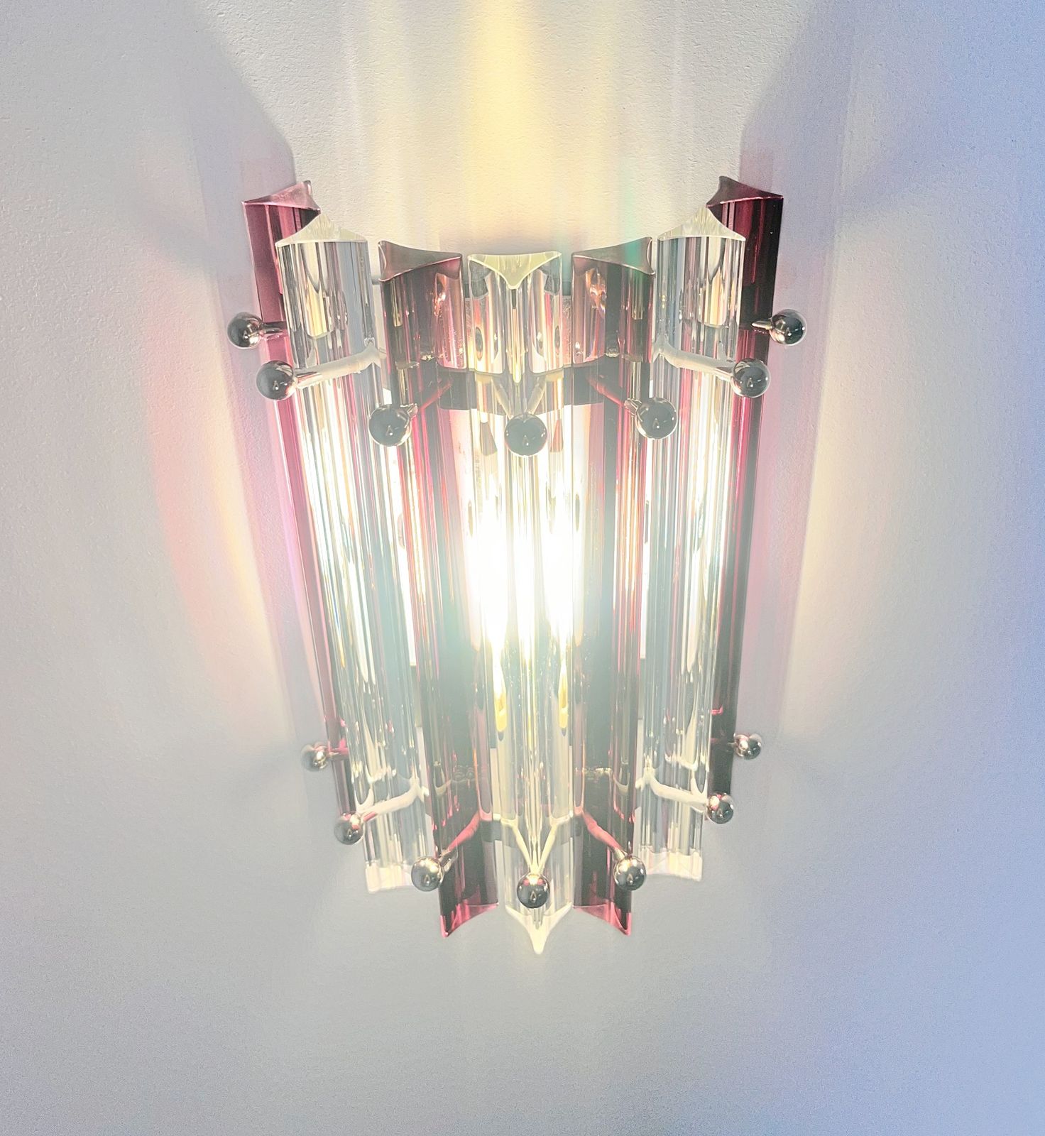 Pair Of Vintage Murano Wall Sconce – Clear  And Amethyst Triedri   Column Model photo vintage