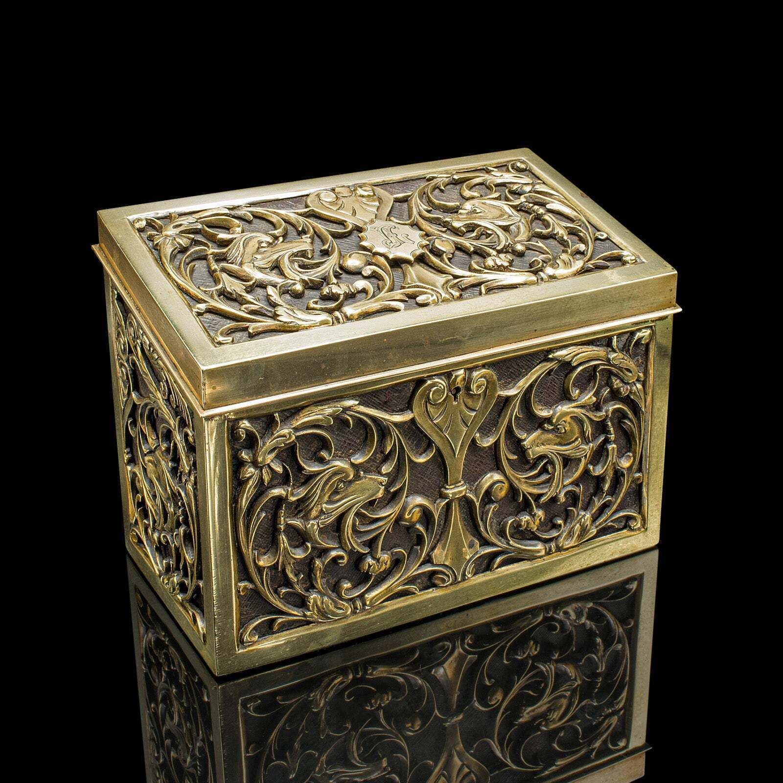 Antique Stationery Box, English, Brass, Tabletop Letter Case, Victorian, C.1880