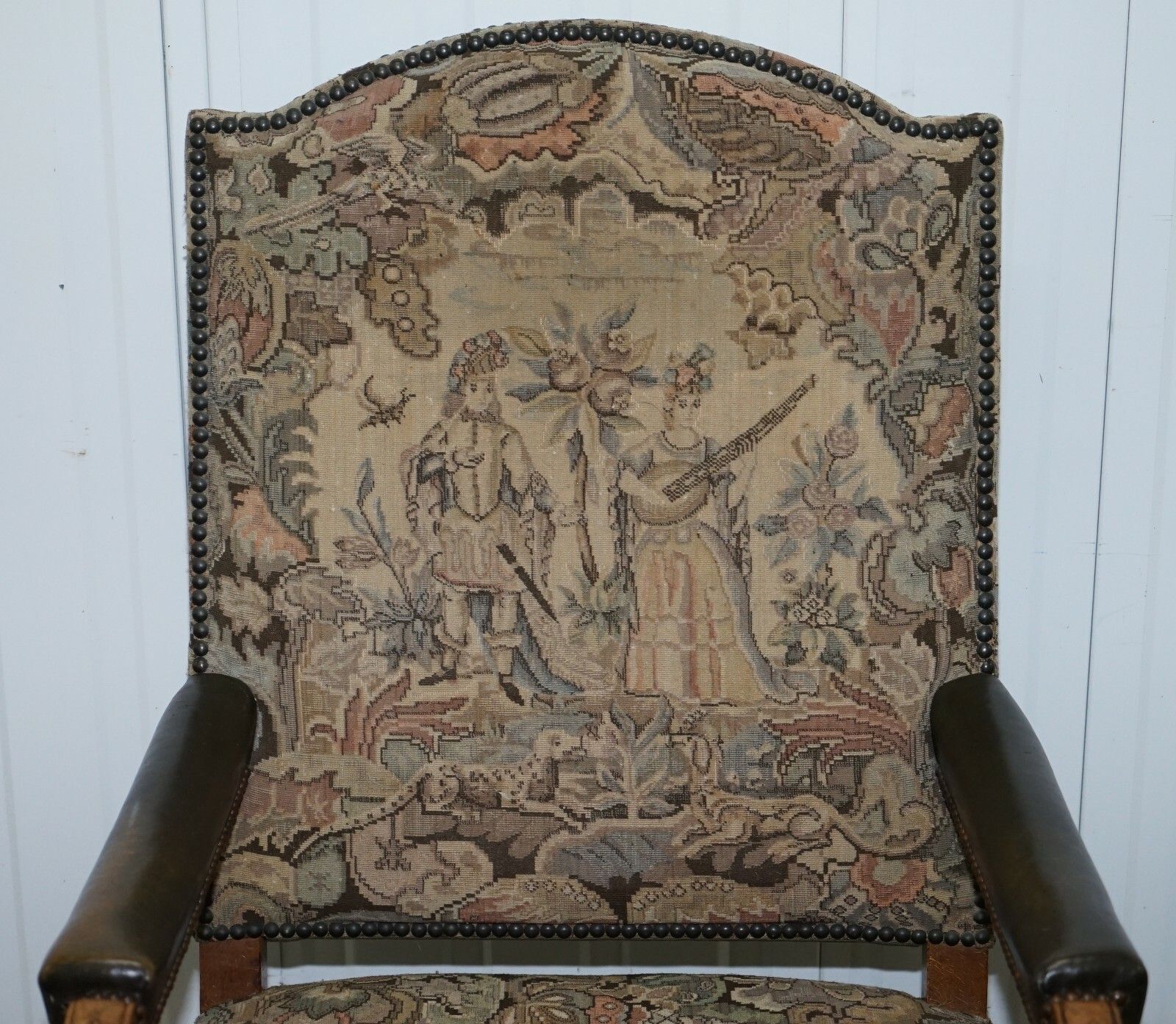 Rare 19th Century French Embroidered Armchair Ornately Carved Frame High Back photo for sale