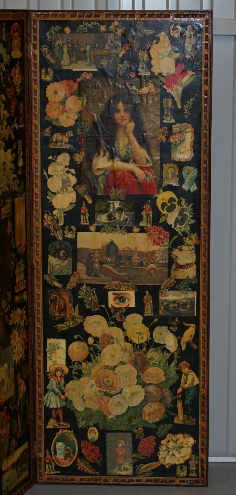 Original Queen Victoria Decoupage Four Panel Folding Screen Totally Original photo vintage